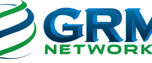 Logo for GRM Networks featuring the company name in bold blue and green text. To the left, there is a globe-like design with intertwined green and blue curved lines.