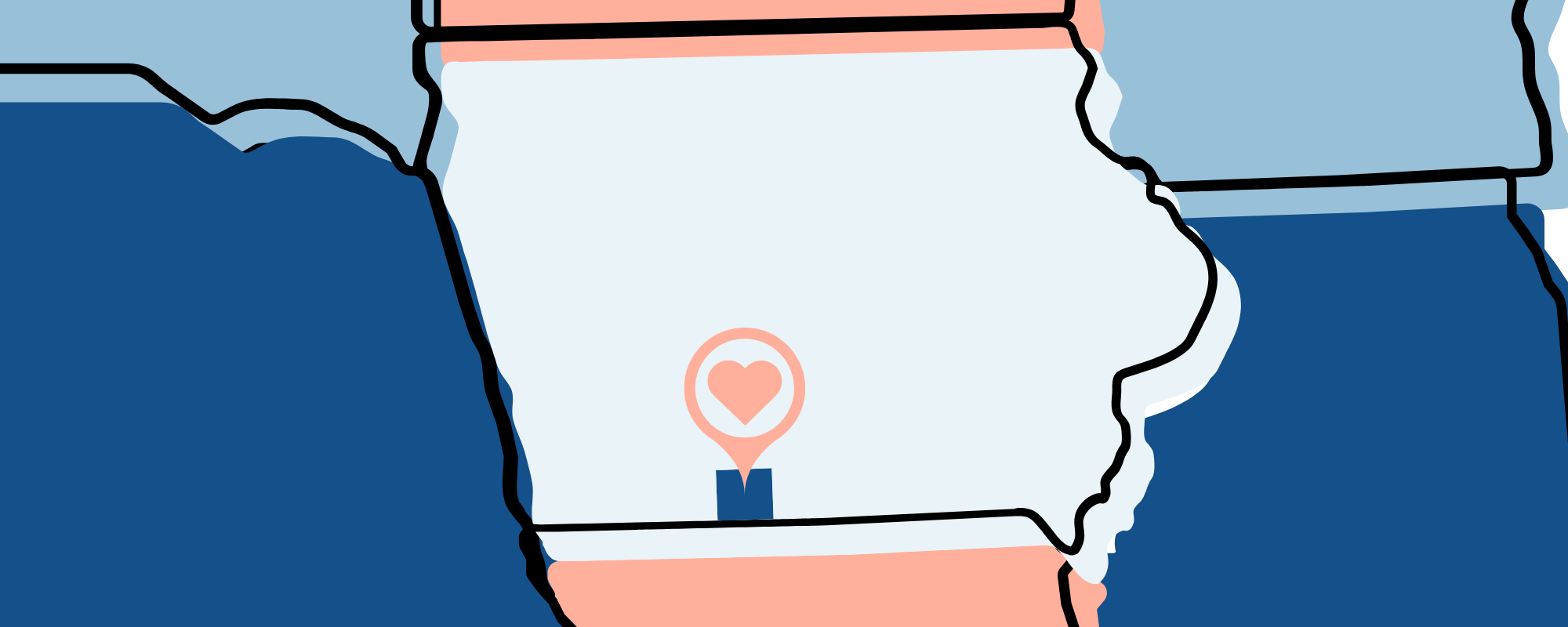 A stylized map highlights Iowa with a location pin containing a heart symbol in the center pointing to Decatur County, bordered by simplified outlines of neighboring states in shades of blue and peach.