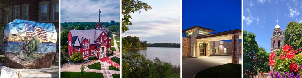 A collage of five images: a painted rock with an American flag, a red brick school building, a river with trees, a modern building entrance at dusk, and a historic building with a white dome and flowers in the foreground.